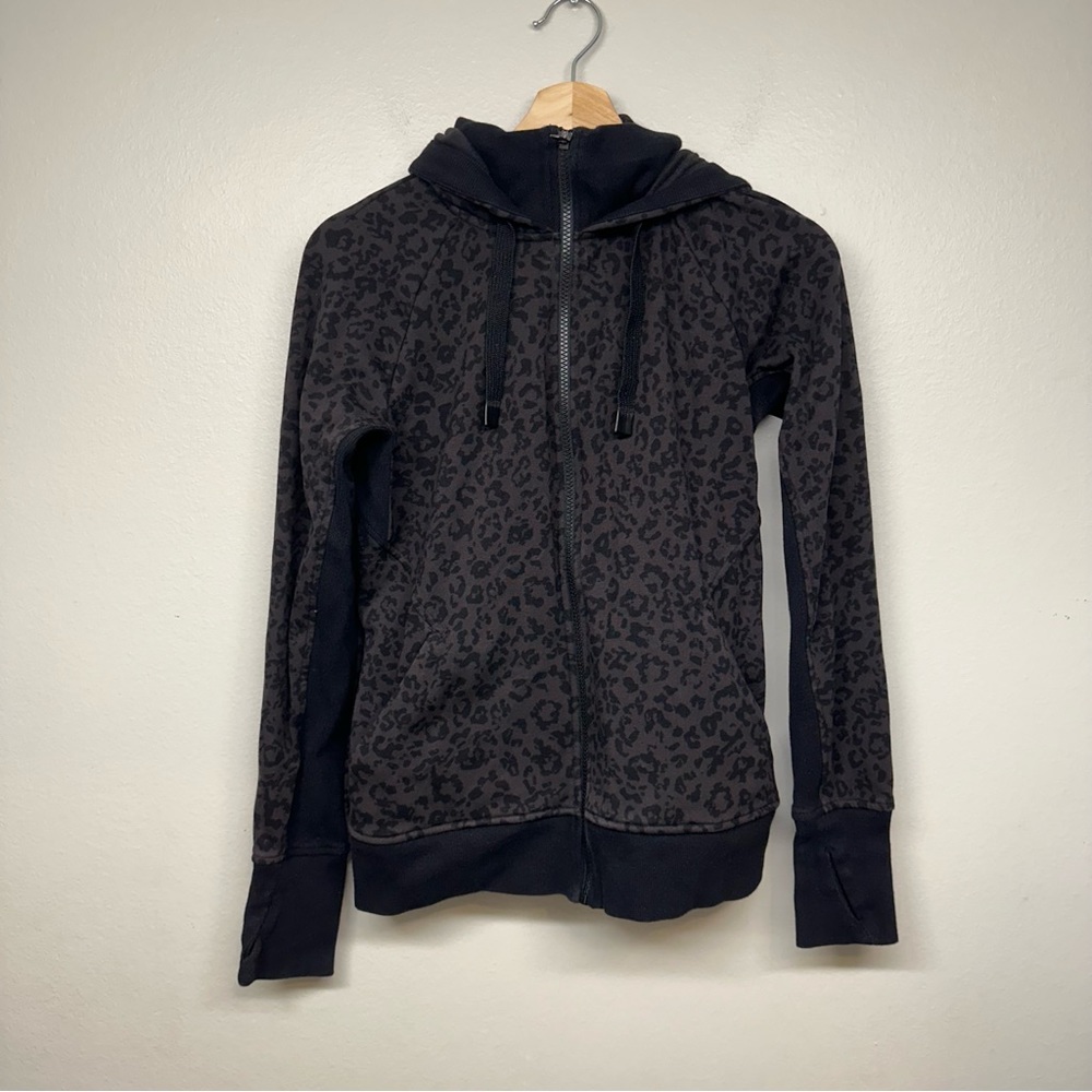 Athleta SZ S Triumph Printed Hoodie Jacket Brown Black Leopard Full Zip